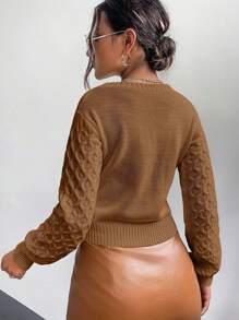 Chiquease Women's Solid Color Long Sleeve Single-Breasted Short Casual Cardigan, Autumn/Winter - Coffee Brown - View 2