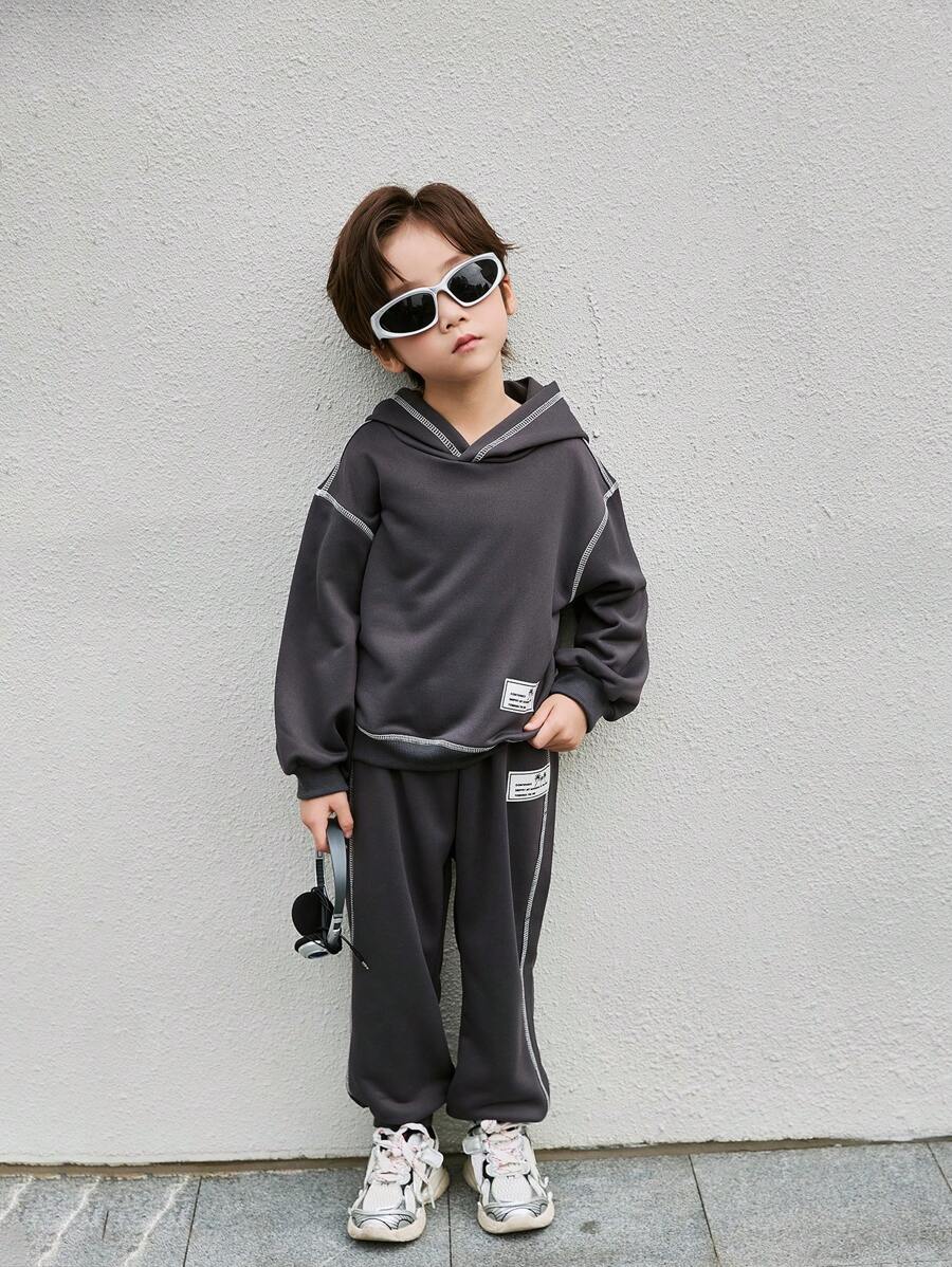 Zestaw 2 szt. w koreańskim stylu, oversize, ciemnoszary, chłopięcy, swobodny, nadruk w litery, kontrastowe wykończenie, wiosenna kurtka i spodnie