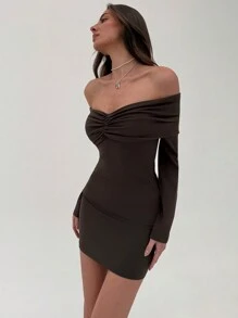 Aloruh Women's Solid Color Off Shoulder Long Sleeve Ruffle Bodycon Mini Dress