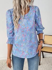 EMERY ROSE Vacation Casual Ditsy Floral Puff Sleeve Shirt (Asymmetric Floral Pattern) - Baby Blue - View 7