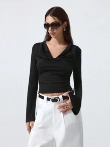 LYSMO Women's Draped Neck Solid Color Long Sleeve T-Shirt For Party Occasion