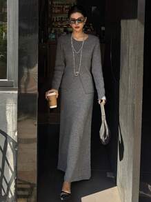 DAZY 女式修身纯色开叉针织毛衣和裙子两件套秋季