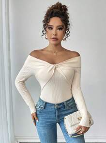 SHEIN Unity 扭绳针织长袖毛衣，露肩收腰设计，优雅风格，适合秋冬季女士穿着。 - 杏色 - 查看 7