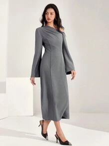 Heiryn Women Contrast Color Asymmetric Neck Long Sleeve Elegant Dress - Grey - View 6