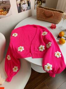 Comfortcana 花卉贴花主教袖开衫、长袖上衣