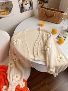 Comfortcana Spring/Fall Casual 3D Flower Decor Lantern Sleeve Cardigan - Apricot - View 4