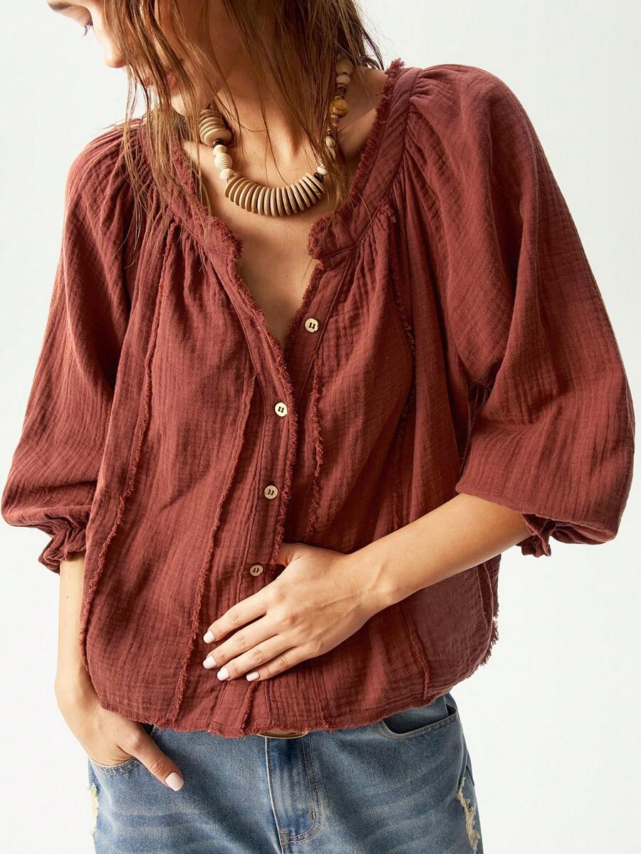 Bohemela Casual Solid Color V-Neck Mid-Sleeve Loose Woven Women's Blouse - Red - View 1
