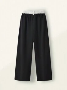 SHEIN Explorewe 1pc Girls' Collegiate Casual & Contrast Waist Band Straight Leg Sweatpants, Spring/Summer New Prep - Black - View 2