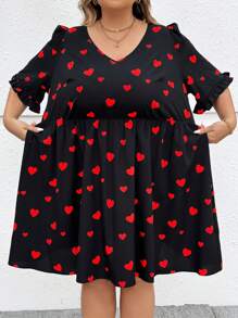 SHEIN CURVE+ CURVE PLUS /Valentine's Day/Plus Size Women's Doll Heart Print Dress - Black - View 8