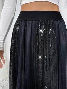 Zolique Falda larga elegante de mujer con lentejuelas y tul negro, para noche de citas, fiesta, con brillo