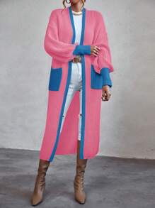 SHEIN Clasi Casual Color Block Lantern Sleeve Cardigan With Pockets, Autumn/Winter