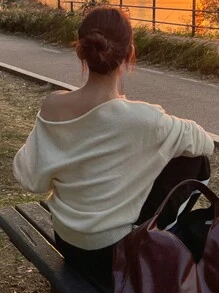 DAZY Women's Oversized Open Shoulder Crew Neck Loose Long Sleeve Sweater, Apricot Color, Spring/Autumn,Fall Women Clothes - Apricot - View 2