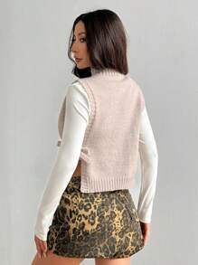 SHEIN Unity Women's Thin Cardigan Vest With Tie Bow Collar, Vacation Style - Apricot - View 2