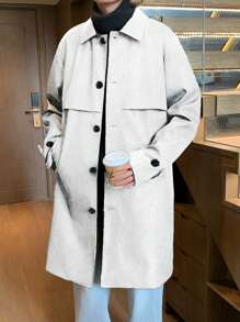 Claim Dot Men's Solid Color Single-Breasted Long Casual Trench Coat, Autumn - Beige - View 1