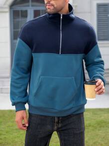 SHEIN Manfinity Dauomo Men's Front Zipper Long Sleeve Pocket Solid Color Patchwork Minimalist Top - Multicolor - View 4