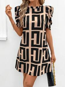 SHEIN Clasi 女士优雅黑棕色几何图案羊腿袖圆领宽松 A 字短款休闲迷你连衣裙