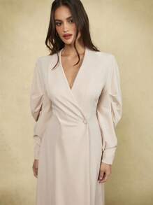 Forever 21 Women's Elegant Double Breasted Long Dress, Solid Color, Suitable For Parties - Apricot - View 3