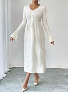 Calvaya Elegant Ruffled Long Sleeve Knitted Pleated Dress, Versatile Sweater Dress For Women