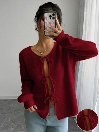 Chiquease Front Tie Design Long Sleeve Cardigan