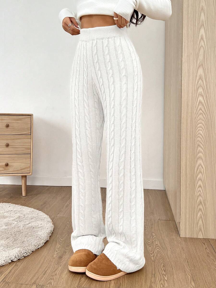 SHEIN EZwear 纯色高腰针织裤，休闲百搭秋冬 - 白色 - 查看 1