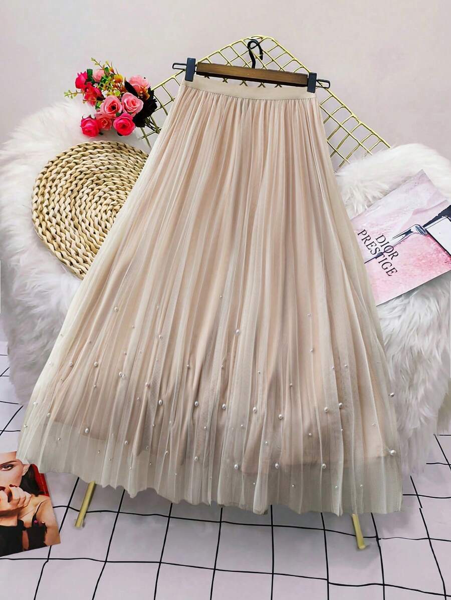 SHEIN LUNE 女士纯色网眼面料珍珠装饰优雅日常及派对圣诞节及膝长裙 - 杏色 - 查看 1