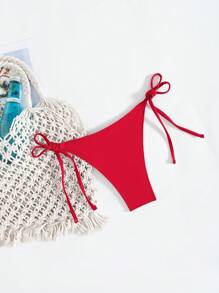 Summer 1pc Women's Solid Color Tie Up Sexy Swimwear Bottom - Red - View 6