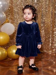 SHEIN Leap Crew 女婴可爱针织天鹅绒长袖连衣裙，海军蓝，秋冬 - 藏蓝色 - 查看 3