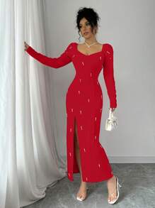Rafferiza Sexy French High-End Beaded Slit Dress - Red - View 6