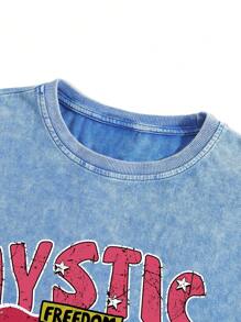 Manfinity EMRG Loose Men Slogan & Angel Print Drop Shoulder Basketball Jersey Style T-Shirt - Blue - View 3