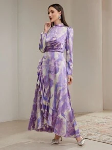 Veilorie Elegant Tie-Dye Puff Sleeve Ruffle Trim Arabic Style Dress, Autumn Modest - Multicolor - View 7