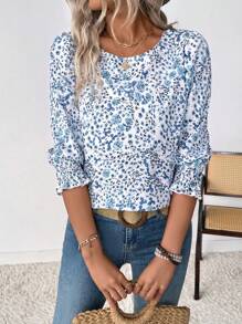 EMERY ROSE Women's Ditsy Floral Loose Fit Round Neck Ruffle Sleeve Vacation Shirt (Asymmetric Floral Pattern) - White - View 4