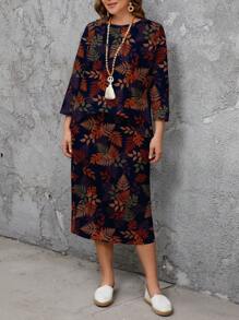 SHEIN LUNE Conjunto de 2 piezas de camiseta de manga de murciélago con cuello redondo y falda con estampado de hojas de arce, adecuado para otoño/invierno, talla grande