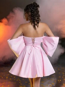 Lovelzi Elegancka romantyczna różowa satynowa kokarda z odkrytymi ramionami, sukienka księżniczki, regulowany pasek z tyłu, data, przyjęcie urodzinowe, wesele, wydarzenie, wieczór kawalerski, sukienka na studniówkę, sukienka dla gości weselnych