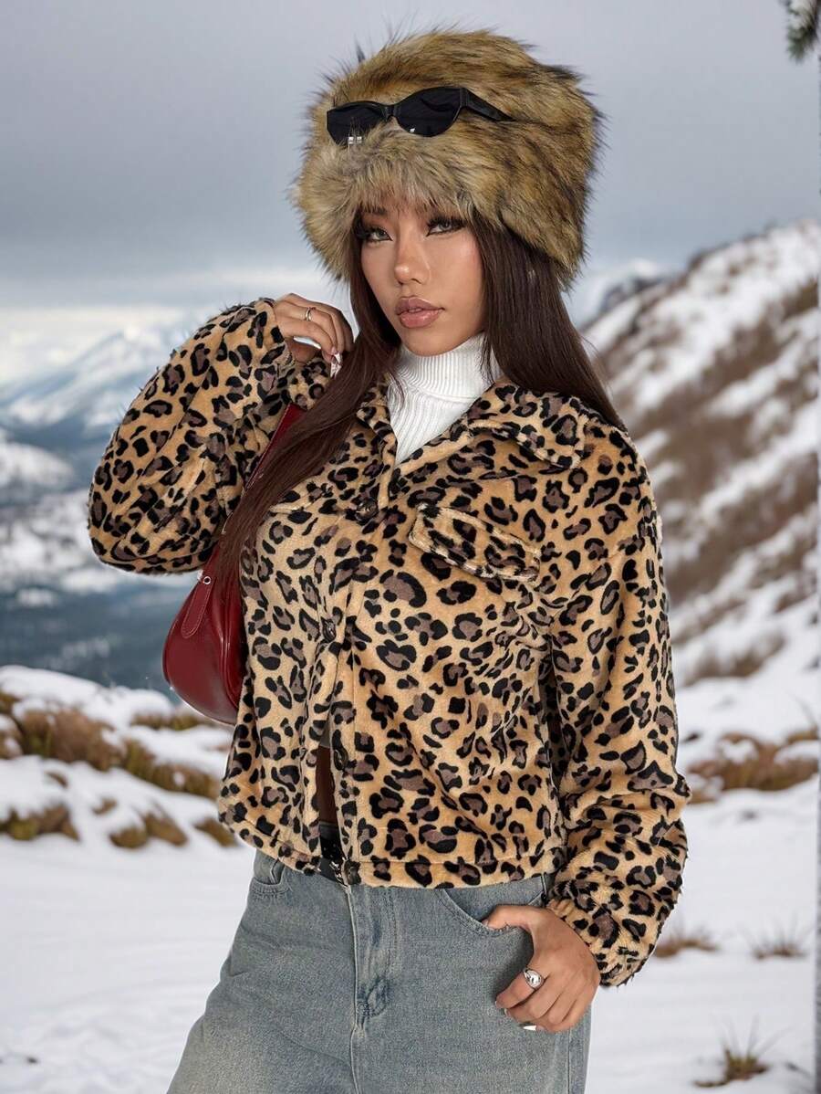 Chiquease Women's Leopard Print Fuzzy Jacket, Fashionable Commuter Design Fall Cloth For Women - Khaki - View 1