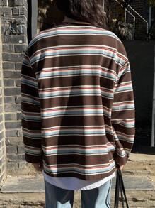 DAZY 条纹宽松长袖圆领休闲女式T恤，简约时尚，适合日常穿着，秋季服装 - 咖啡棕 - 查看 2