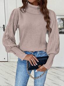 EMERY ROSE Solid Color Turtleneck Lantern Sleeve Sweater,Long Sleeve Tops Knit Pullover Fall Winter Outfit