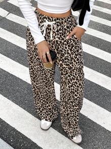 SHEIN Frenchy Pantalon casual à cordon de serrage imprimé léopard pour femmes en grandes tailles, simple et pour un port casual quotidien