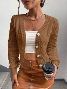 Chiquease Women's Solid Color Long Sleeve Single-Breasted Short Casual Cardigan, Autumn/Winter - Coffee Brown - View 5