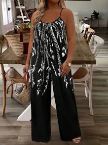 SHEIN LUNE Mono minimalista casual de talla grande para mujer con estampado de flor blanca sobre fondo negro de punto para el verano