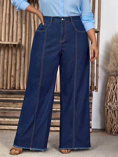 EMERY ROSE Jeans anchos de pierna ancha con costuras delanteras de contraste y bordes deshilachados para uso diario y casual de moda de calle de las mujeres