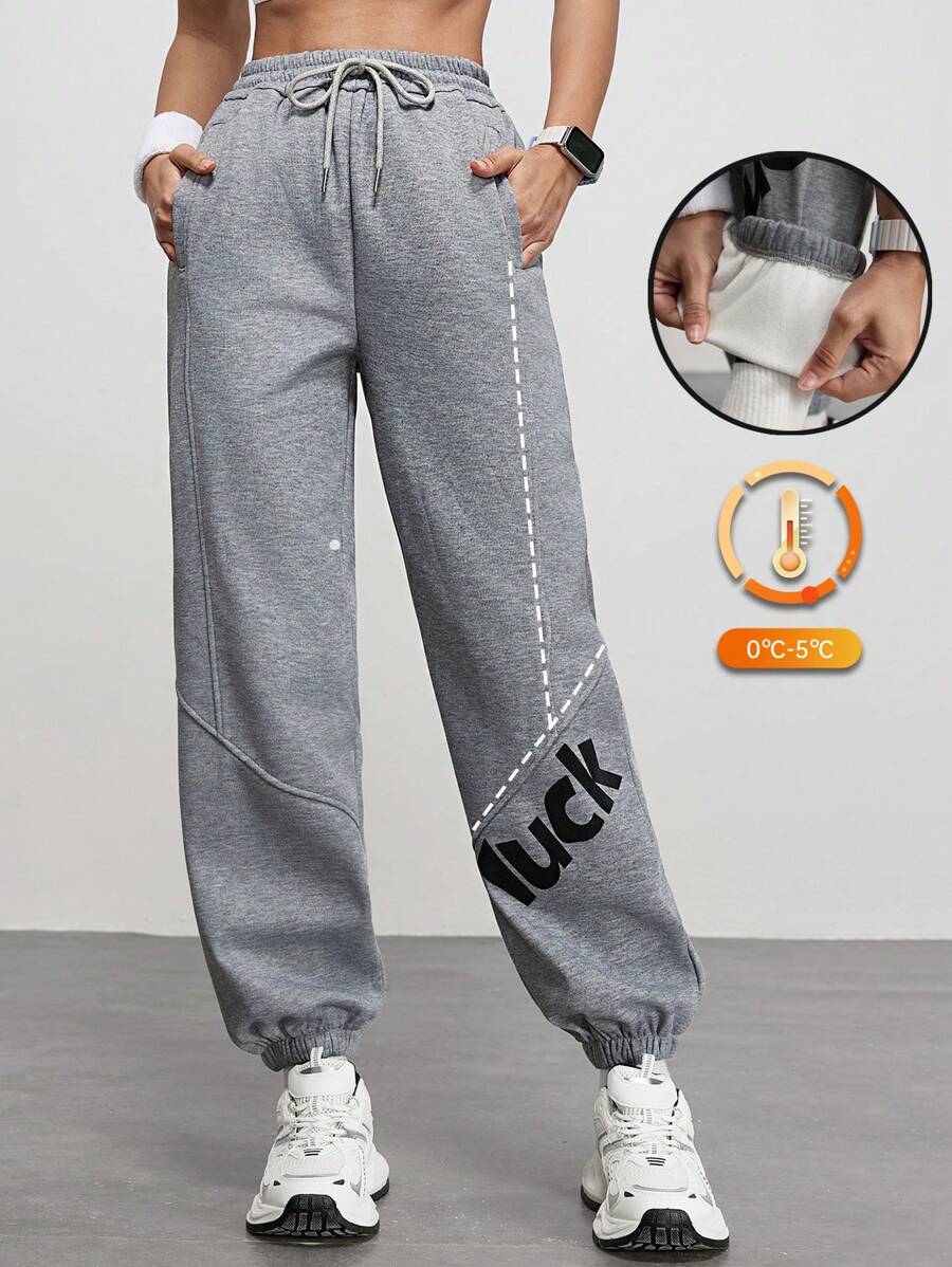 SHEIN Sports Damen Lässig Jogginghose mit Buchstaben Muster und Kordelzug Taille für Outdoor Aktivität