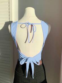 Comfortcana Summer Blue Knit Backless Tie Strap Camisole - Baby Blue - View 5