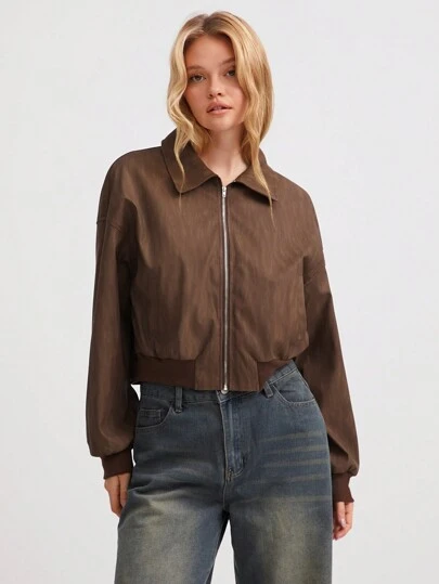 SHEIN Unity 1 件女式复古摩托车风格简约拉链短款纹理 PU 夹克，休闲秋冬