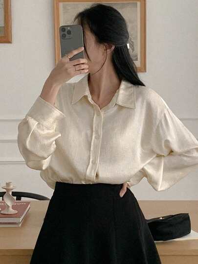 Solid Color Textured Long Sleeve Loose Turndown Collar Casual Summer Blouse For Women,Fall Clothes