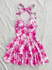 Soleia Plus Size Women Vintage Floral Watercolor Rose Print Ruffled Neck Bowknot Detail Casual Midi Dress, Romantic For Spring, Summer, Back To School, Christmas, Graduation, Wedding,Summer Dresses For Women - Multicolor - View 3