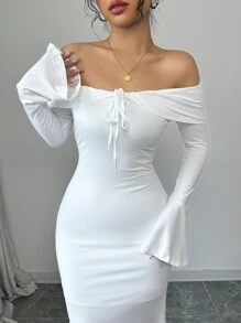 Chiquease 优雅紧身露肩长袖喇叭袖口鱼尾下摆罗纹针织白色女式长裙 - 白色 - 查看 3