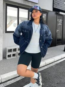 SHEIN EZwear 大码女式秋季长袖单排扣休闲磨边牛仔夹克