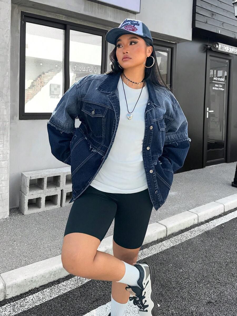 SHEIN EZwear 大码女式秋季长袖单排扣休闲磨边牛仔夹克