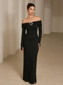 GENKIRA Off Shoulder Ribbed Fitted Maxi Knit Dress, Long Sleeve Bodycon Long Dress For Women - Black - View 4