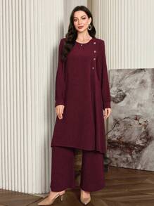 Al Najma 2pcs Women Solid Color Round Neck Long Sleeve Button Design Long Top And Wide Leg Pants Set, Autumn Fall Cloth For Women - Burgundy - View 6